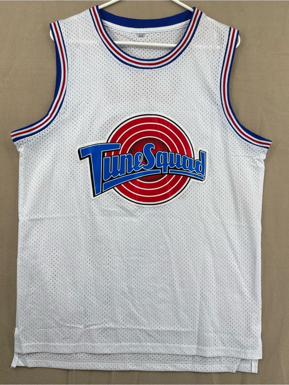 Tune Squad White Basketball Jersey with Red & Blue Logo